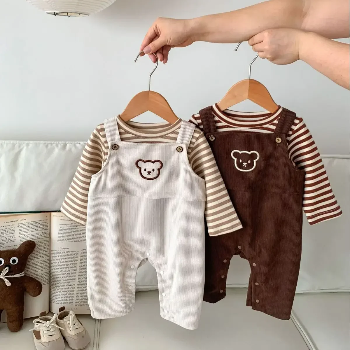 Autumn Baby Girl Boy Cute Bear Outfits Toddler Neaborn Sleevless Jumpsuit Bodysuit Infant T Shirts and Romper Two Piece Clothes