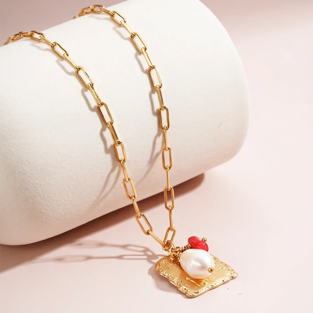 

Stainless Steel Necklace with Pearl Red Coral Rope Chain Women's Accessories Fashion 2024 TrendsDropshipping Products Jewelry