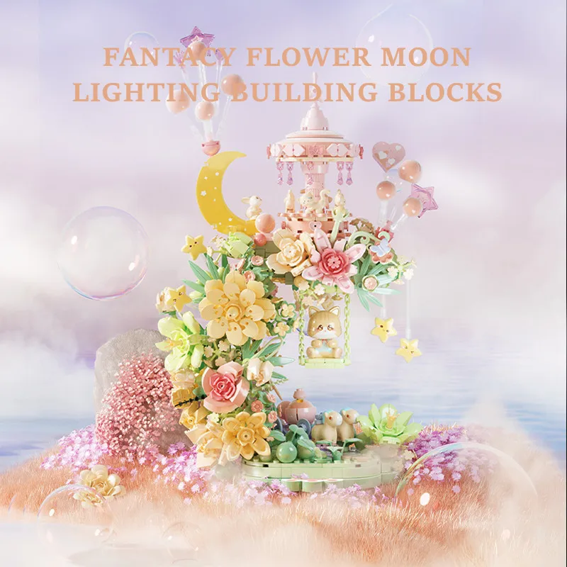 SEMBO 1300pcs Fantacy Flower Moon Light Building Blocks MOC Cat Star Model Bricks Romantic Home Decorations Toys for Girls Gifts