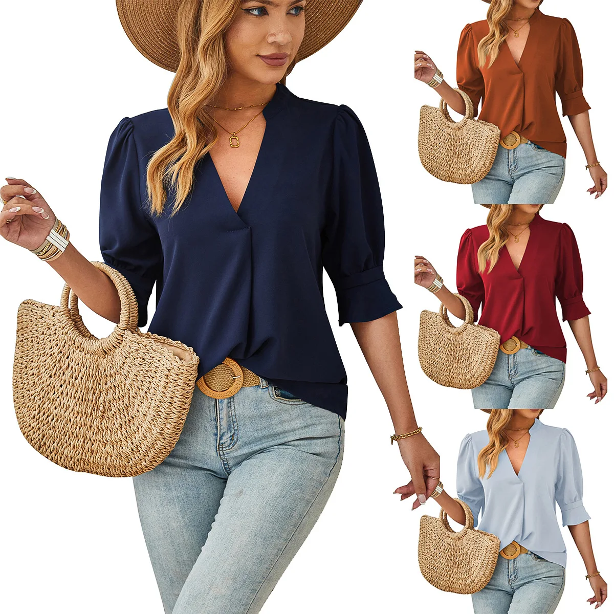 

Elegant Solid Color Women's Blouse Top V-neck Pullover Lantern Sleeves Fashionable Women's Half Sleeve Shirt New Product 2025
