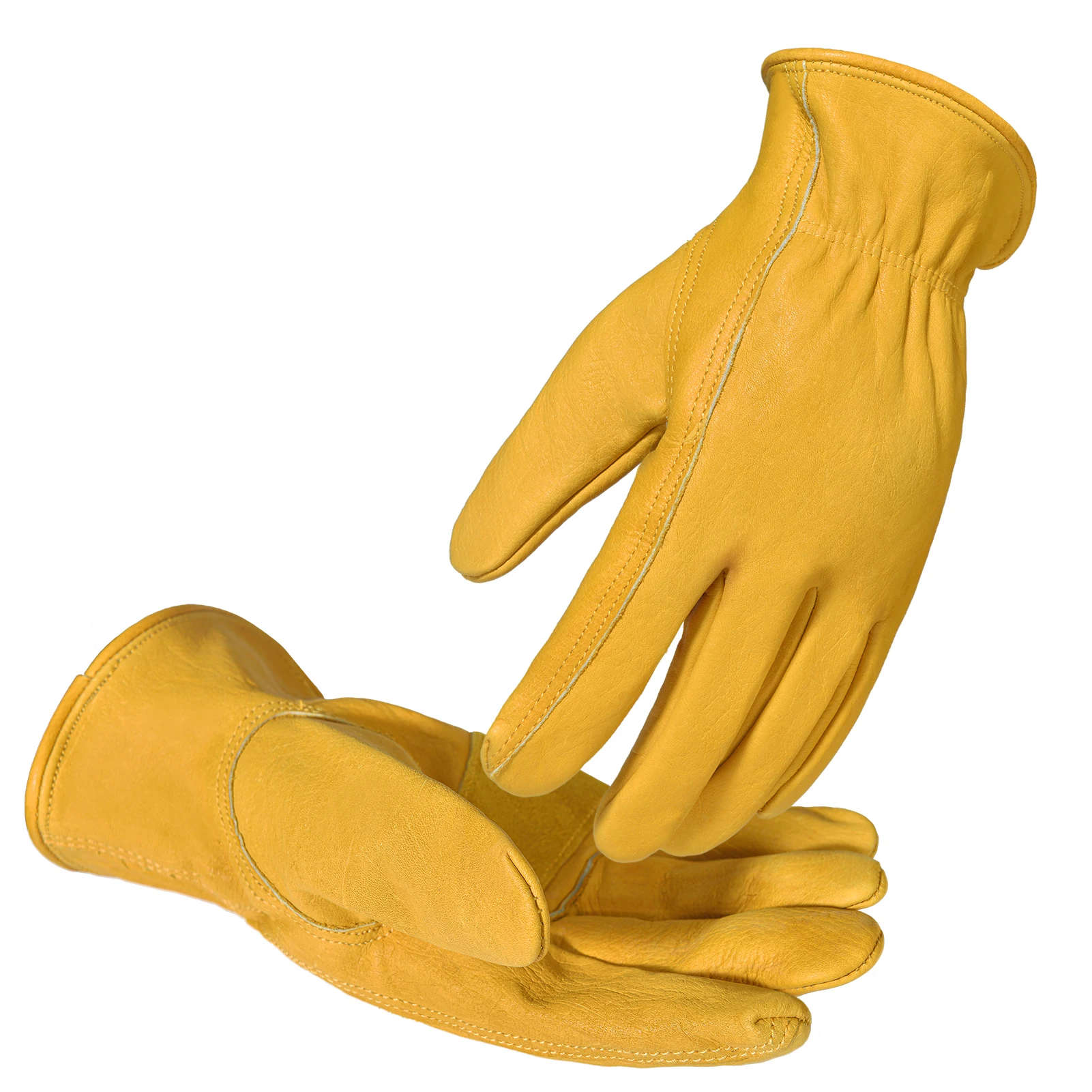 1pair Flex Grip Leather Work Gloves Stretchable Wrist Tough Cowhide Working Glove