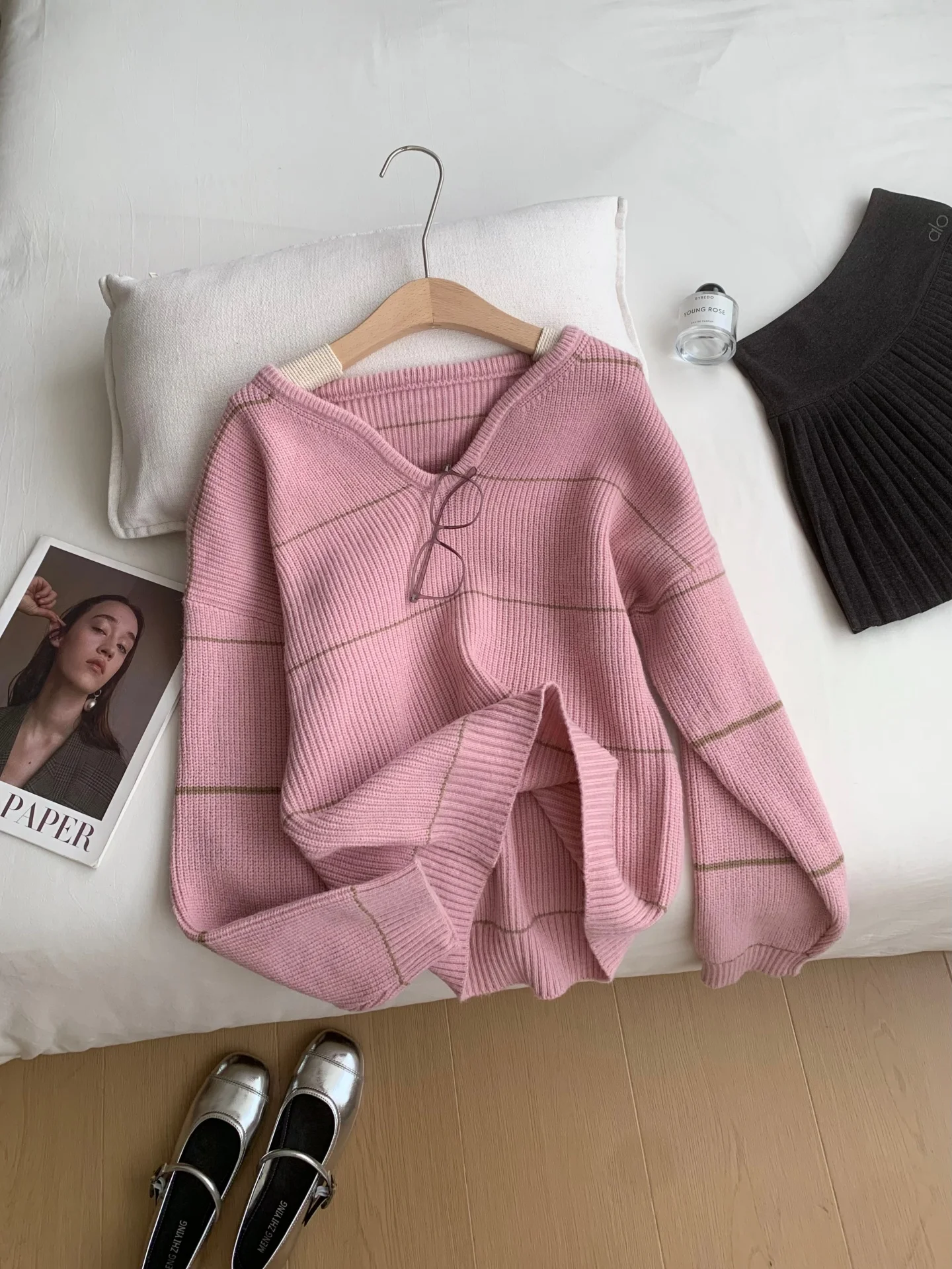 

Розовый полосатый вязаный свитер с v-образным вырезом для женщин, новинка 202, ранняя осень, повседневный пуловер, корейский модный нежный топ с длинными рукавами