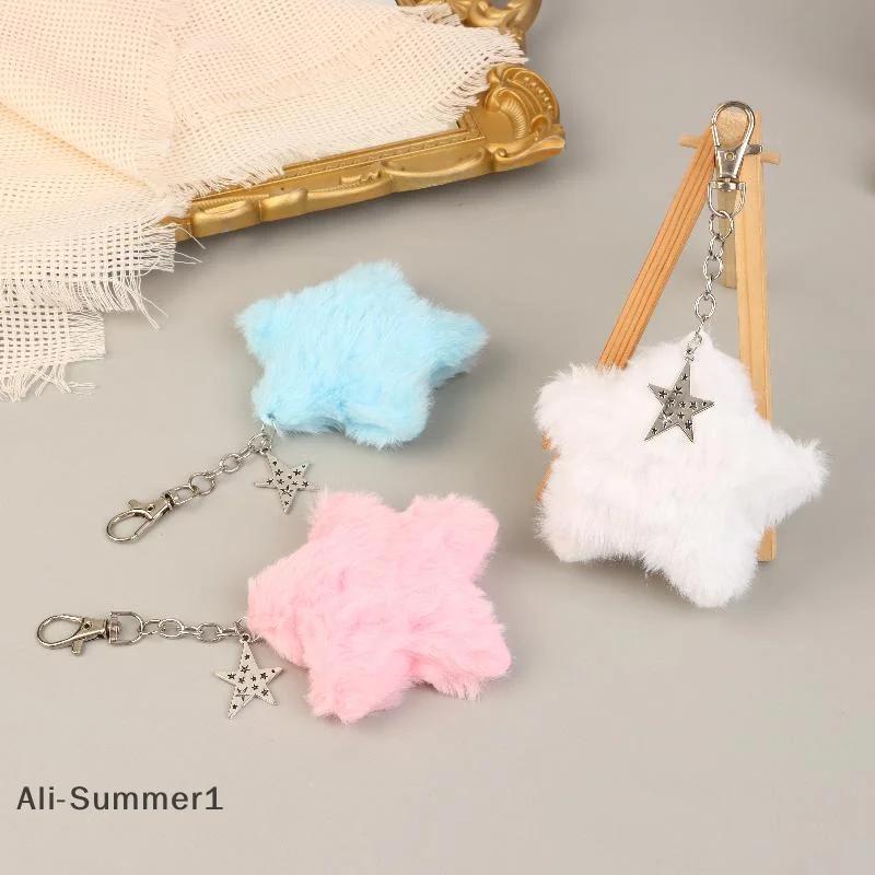 【E】Süßer flauschiger Plüsch-Stern-Charm, Schlüsselanhänger, Y2K, Kunstkaninchenfell, Pompons, Tasche, Ornament, modische Geschenke