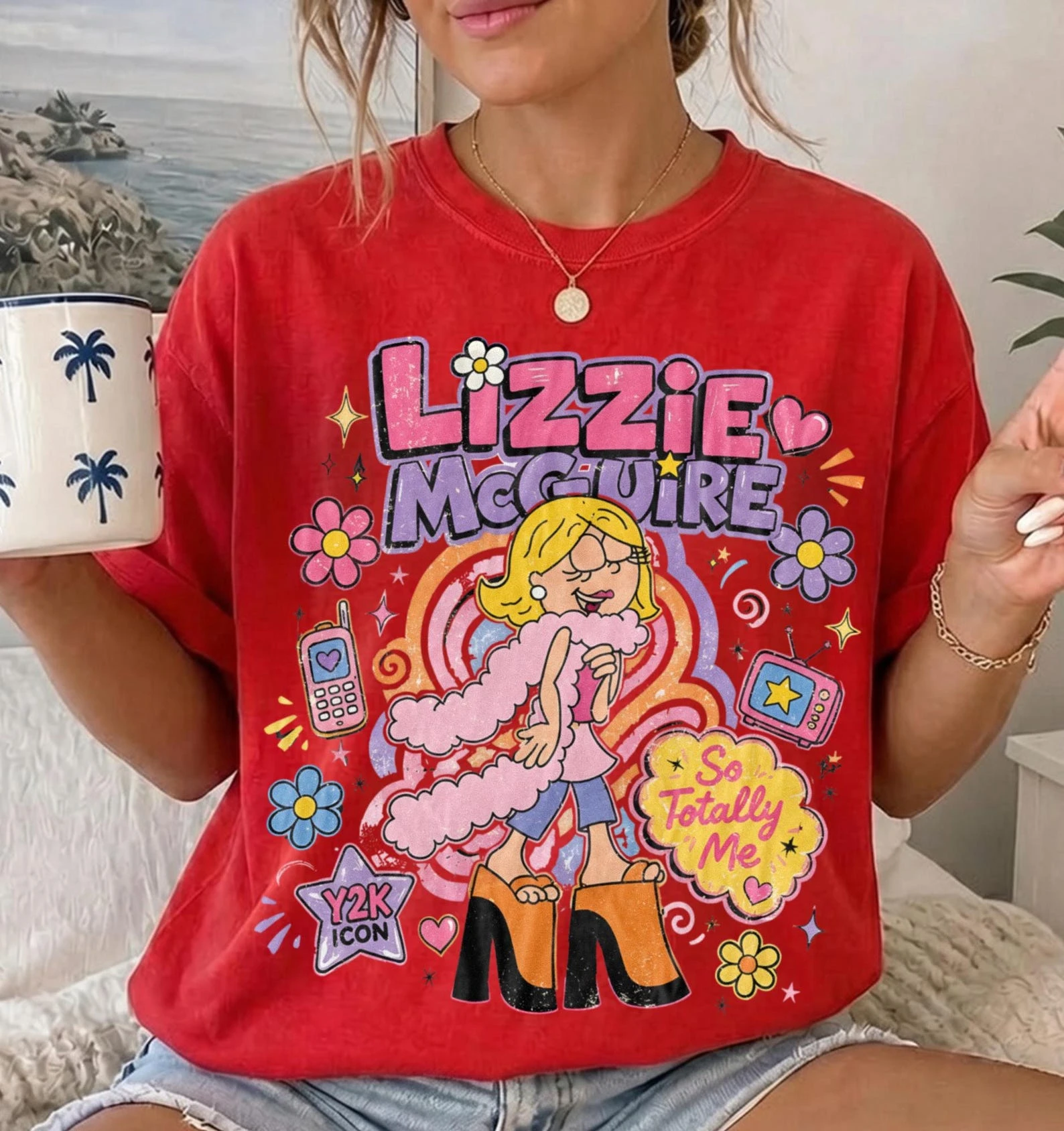 Y2K Harajuku-Stil Lizzie McGuire Cartoon T-Shirt mit Retro-Blumendruck, lässiges, lockeres T-Shirt für Männer/Frauen, Familien-Matching-Top – Detail 8