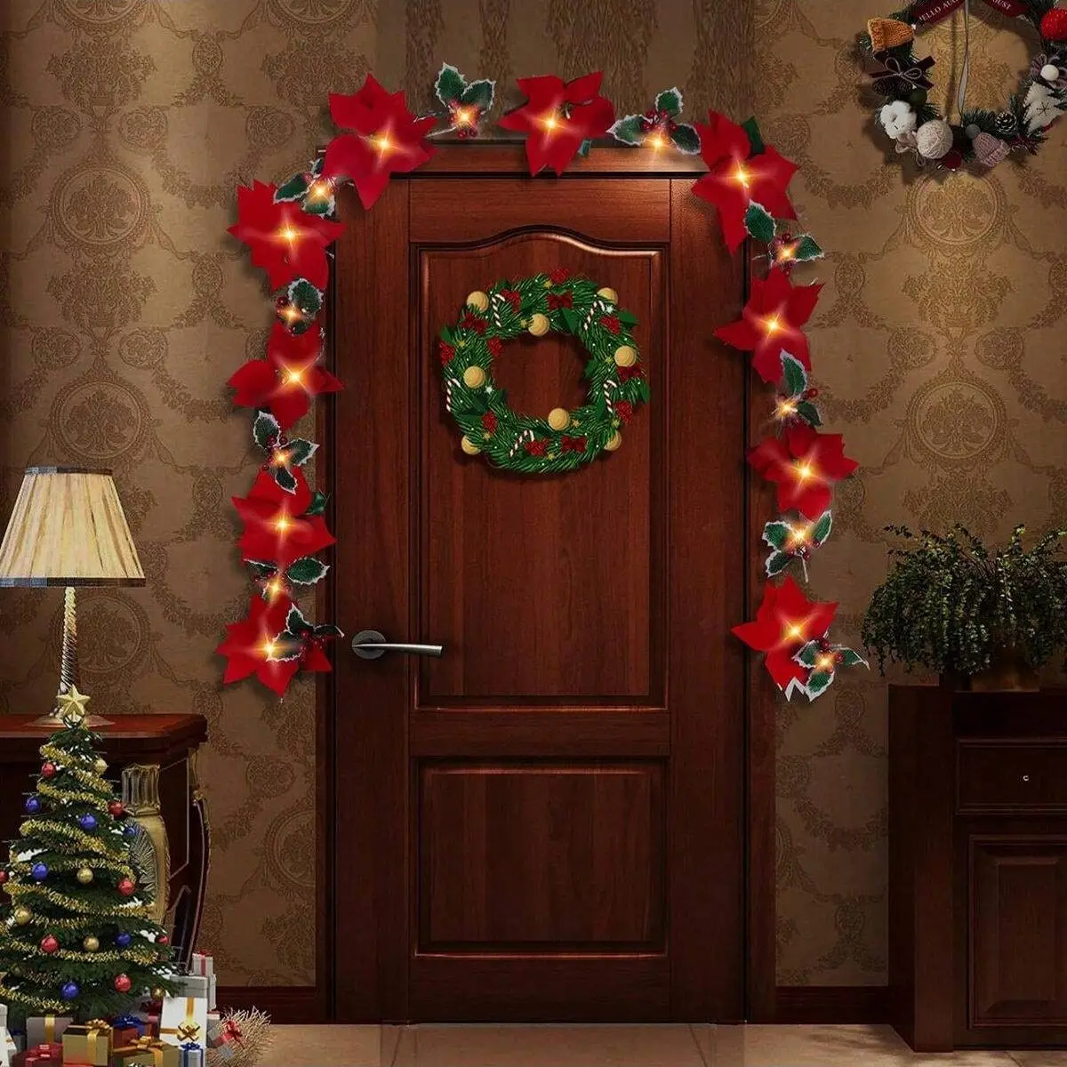 1 قطعة البونسيتة الحمراء الأزهار سلسلة أضواء دائم البلاستيك مصابيح عطلات بطارية تعمل بالطاقة جارلاند للمنزل داخلي ديكور خارجي