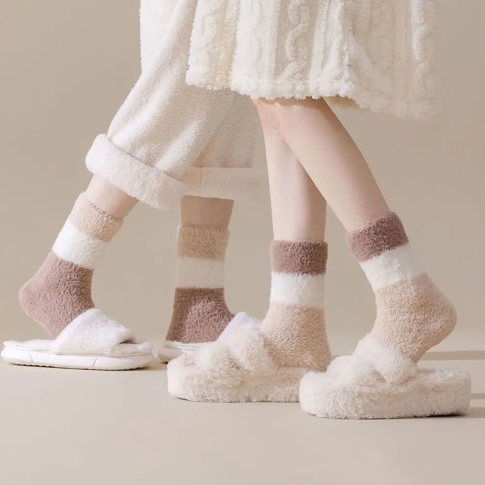 

Cute Thicken Warm Coral Fleece Socks Winter Sleeping Floor Socks Stripe Patchwork Hosiery Mid Tube Socks Women Winter