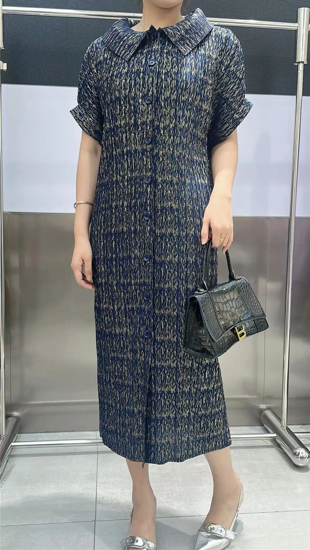 miyake pleated dress for women 2025 new single-breasted cardigan jacket versatile loose gold lapel long pleated skirt