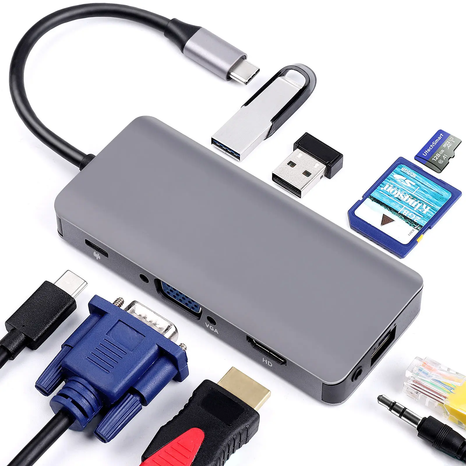 الهاتف المحمول Type-C إلى HDMI محول الكمبيوتر المحمول 9 في 1 محطة إرساء USB3.0 قارئ بطاقات مهايئ توزيع