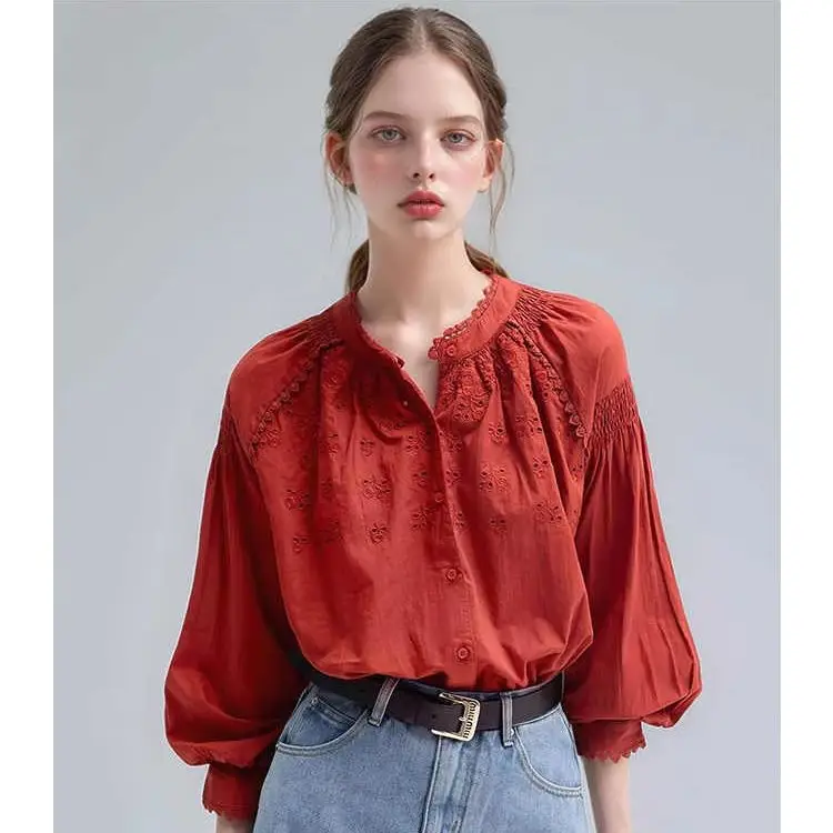 

French Retro Design Shirt For Women In The Spring And Autumn Of 2025, Loose Embroidered Lace Up Long Sleeved Top