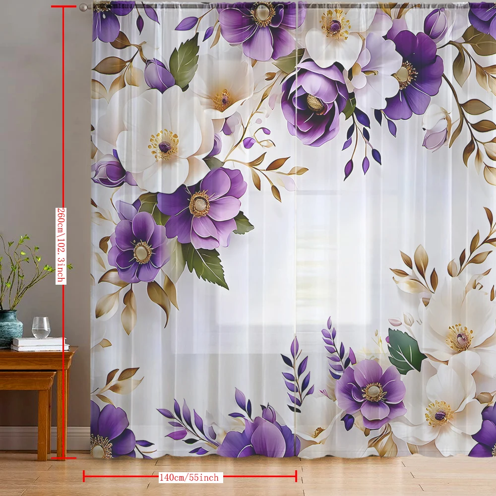 2PCS Home decoration purple and white floral printed window screens with pole bags, suitable for kitchens, cafes, living room