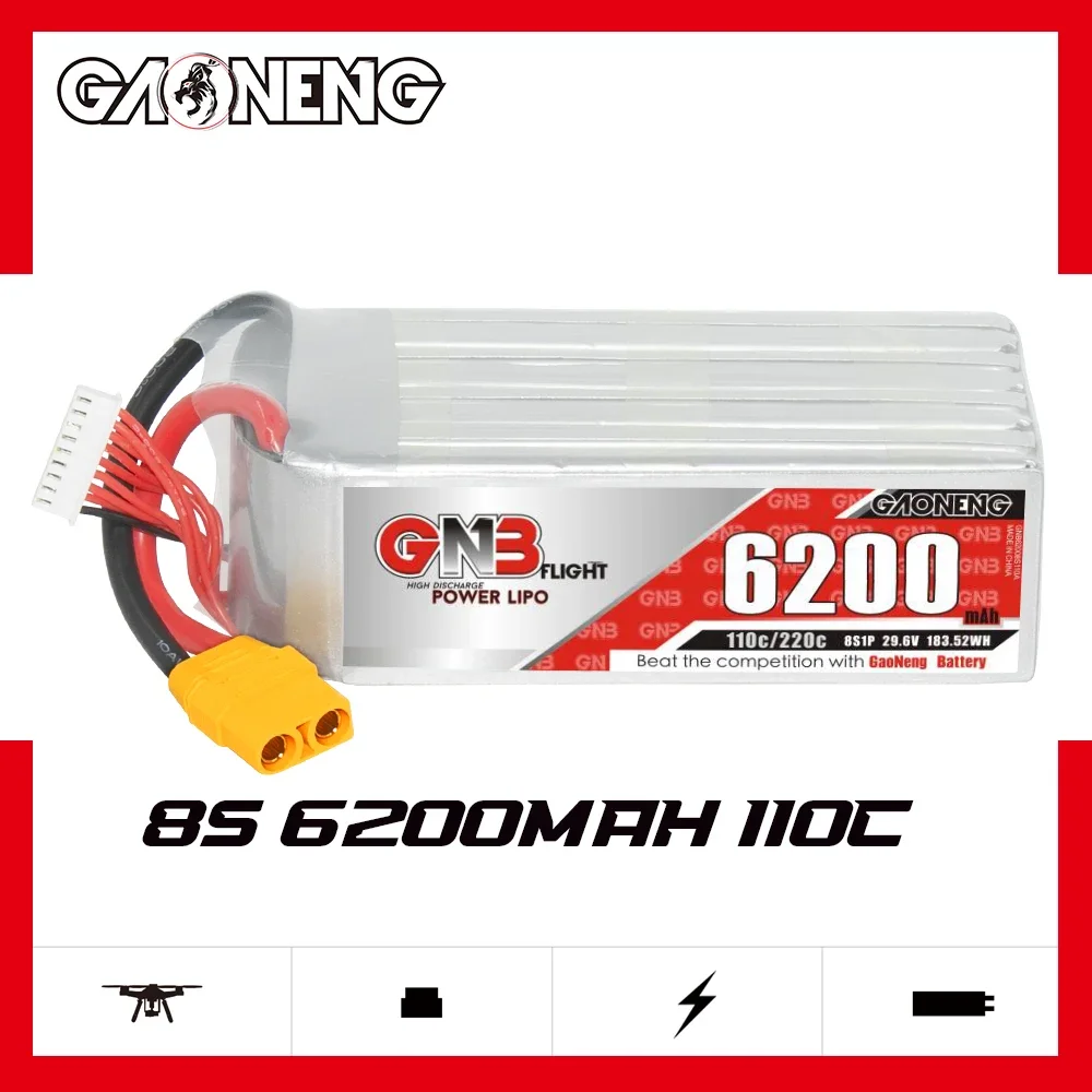 GAONENG GNB 6200mAh 8S 110C 220C 29.6V XT90 LiPo Battery Taurus X8 Pro Cinelifter Drone 600 to 700 Class Electric Helicopter