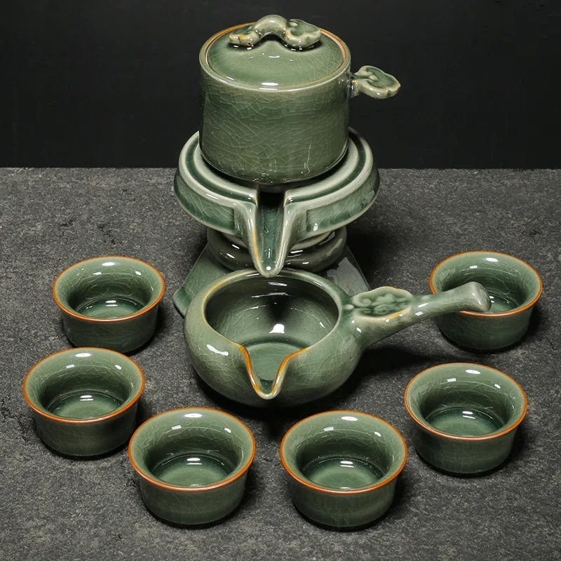 Ge Kiln Automatic Set for Home Use, Lazy Stone Mill Rotating Teapot, Kung Fu Cup, Office Tea Brewing Artifact