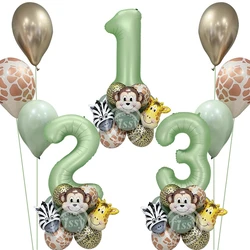 1set Carton Animal Balloons Tower Vintage Green Number Balloon For Kids Wild One Forest Birthday Party Jungle Safari Decorations