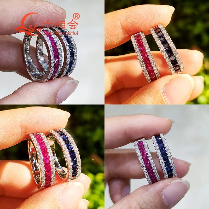 5.5mm lab created grown red ruby blue sapphire square white moissanite half eternity band 925 Silver ring jewelry dating wedding