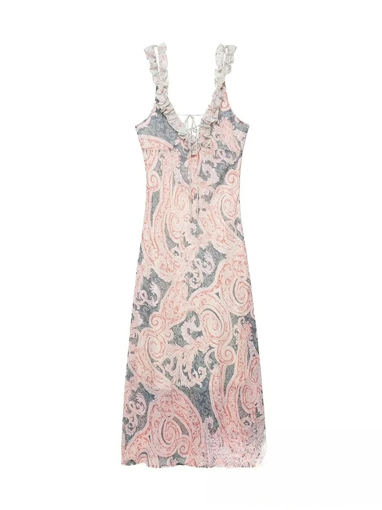 KONDALA Sexy Chic Women Dress Print Cami Sleeveless Backless Long Straight Vestidos New Fashion 2025 Summer Ruffles Female Dress