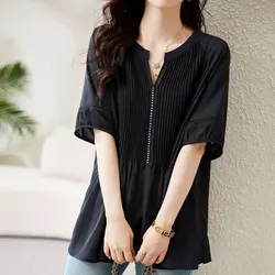 Stijlvolle Geplooide Gesplitste Losse Blouse Dameskleding Effen Kleur Casual Korte Mouw 2024 Zomer Uitgehold Elegant V-Hals Shirt