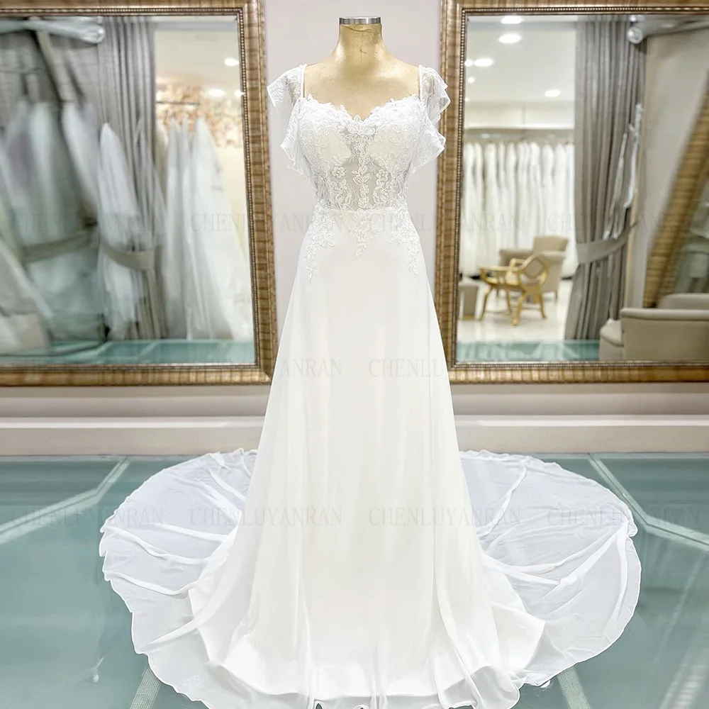 Chiffon A-line Wedding Dresses Cap Sleeves Applique Long Bride Dress Lace Up Sweep Train Dress For Women 2024 Robe De Mariée