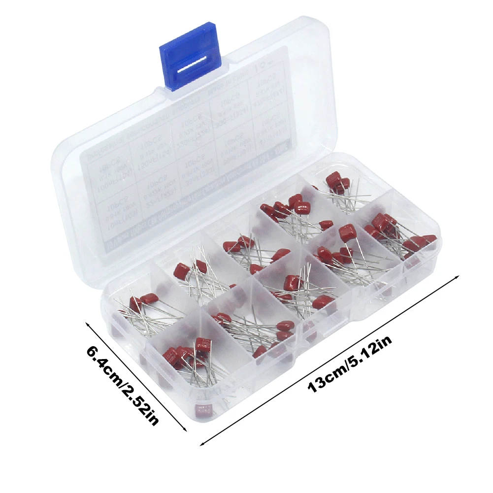 ชุดตัวเก็บประจุแบบฟิล์มโพลีเอสเตอร์เคลือบโลหะ10ค่า10nF-470nF ชุดตัวเก็บประจุแบบฟิล์มโพลีโพรพิลีน CBB 100ชิ้น