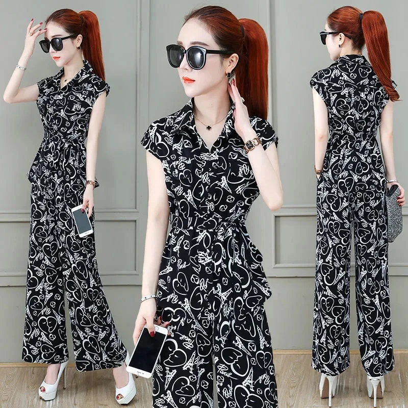 2025 Women New Printing Two-piece Set High-grade Female Leisure Sleeveless 2PCS Spring Summer Ladies Fashion Tops Wide Leg Pants