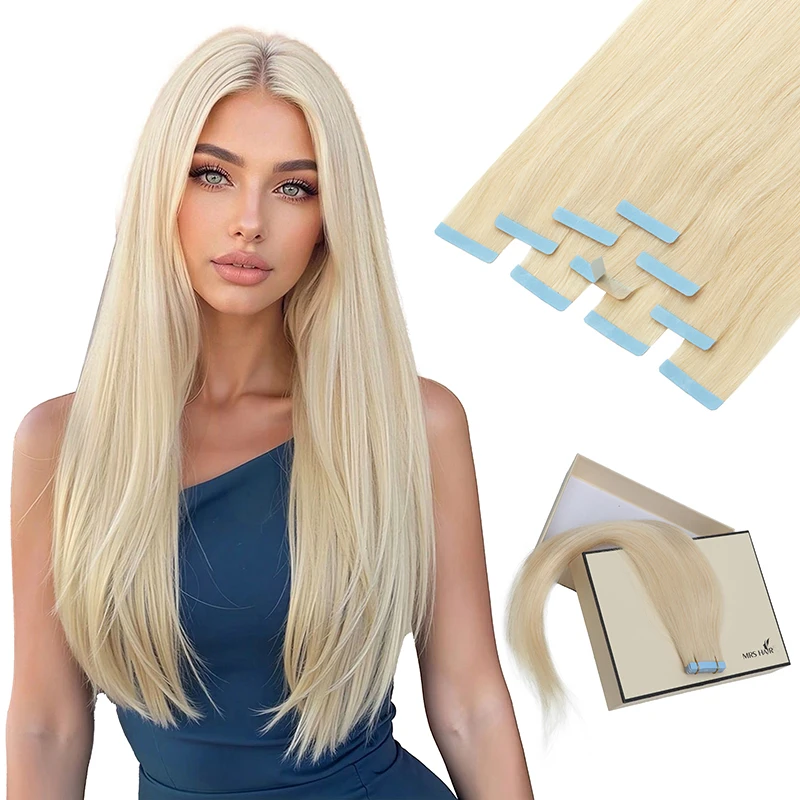 

Лента MRS HAIR для наращивания волос, человеческие волосы, настоящие натуральные бразильские волосы Remy, прямые бесшовные волосы с утком кожи, блондинка, 20 шт., 12 "-24"