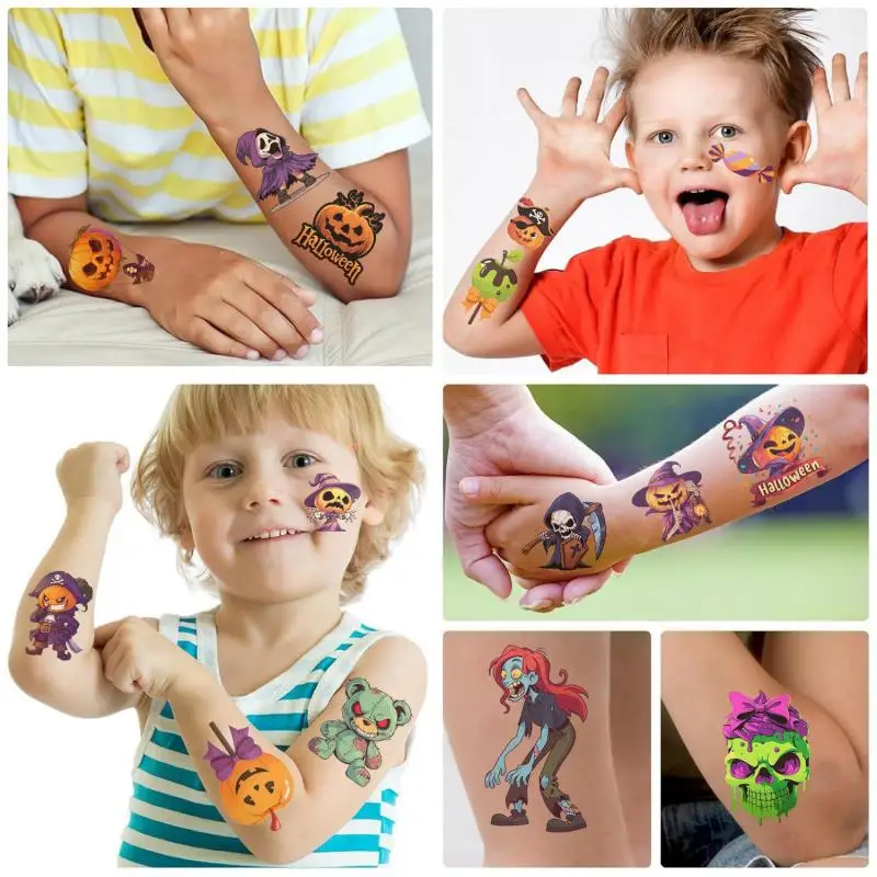 10Pcs Halloween Cute Pumpkin Candy Temporary Tattoo Stickers Bat Horror Ghost  Tattoos Stickers Waterproof Funny For Kids Gift