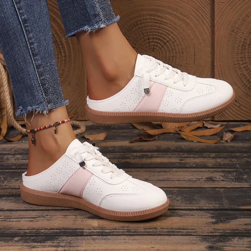 Breathable Hole Faux Leather Backless Trainer Mules Pink Side Patch Elastic Shoelace Rubber Gum Outsole Daily Footwear