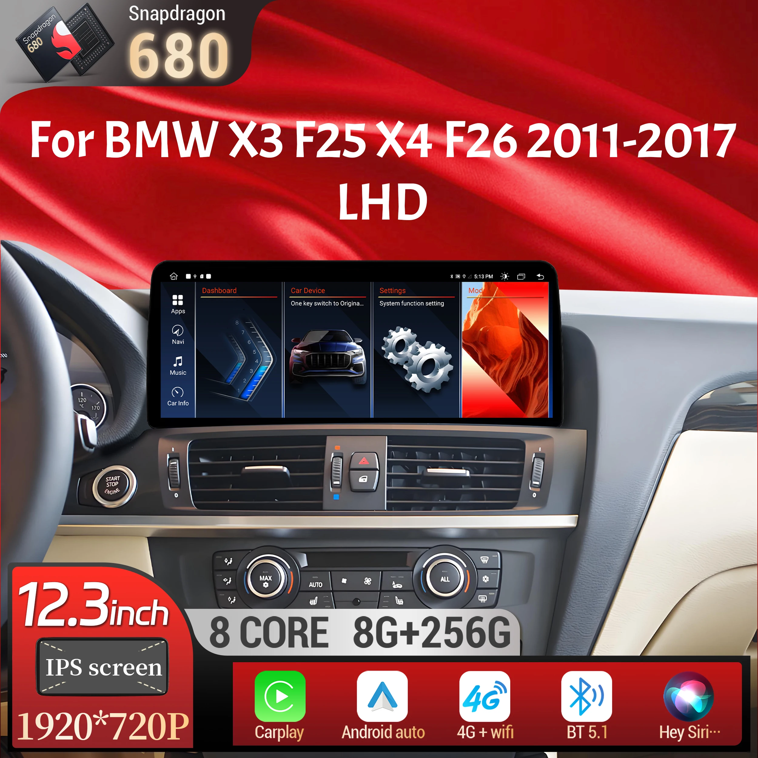 12.3 inch Left Hand Drive Android 14 For BMW X3 F25 X4 F26 2011-2017 Car Radio Wireless BT Carplay Snapdragon 680 Touch Screen