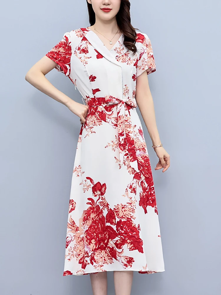 Summer Red Floral Short Sleeve V-Neck Midi Dress 2024 Elegant Casual Beach Holiday Dress Women Korean Fashion Bodycon Prom Dress