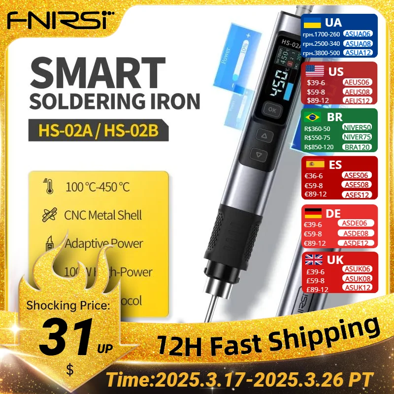 FNIRSI HS-02 Adjustable Temperature Soldering Iron DC 20V 100-450℃ Welding Solder Rework Station PD 100W Portable Repair Tool