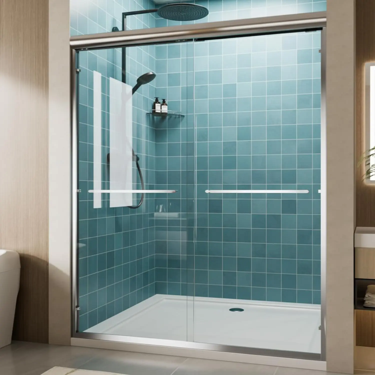 Tempered Glass Double Sliding Walk In Shower Door Chrome Aluminum Frame