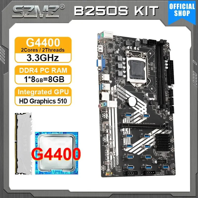 SZMZ B250 Mining Motherboard LGA 1151 Set with G4400 CPU + 8GB DDR4 RAM 11 USB ports GPU Crypto Miner B250 mining plate