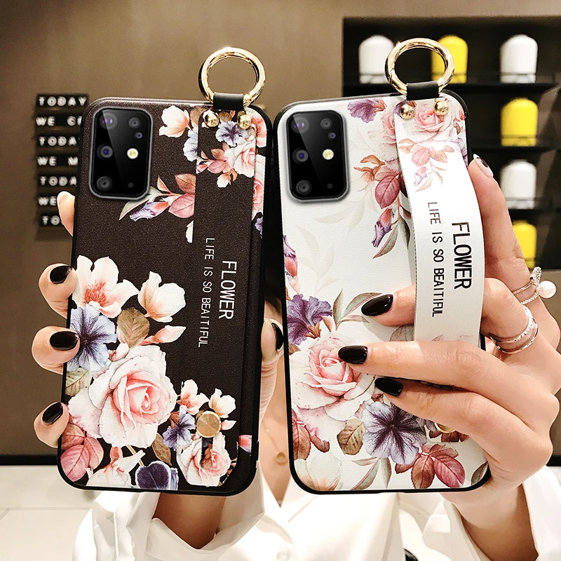 Galaxy S21 FE Case Luxury Art Leaf Flower Wrist Strap Phone Holder Cover Shell for Samsung S22 Ultra A33 53 73 M52 TPU Back Etui