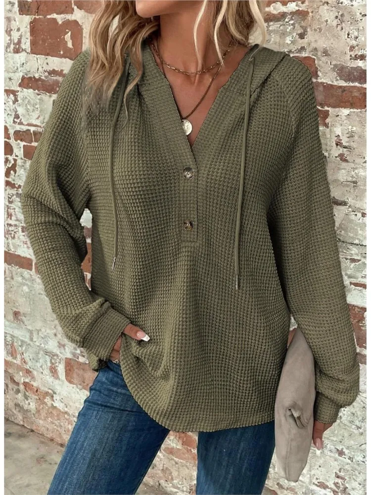 المرأة عارضة بلون البلوز الأزياء زر الخامس الرقبة طويلة الأكمام هوديي السيدات ربيع الخريف الأساسية البلوز قمم