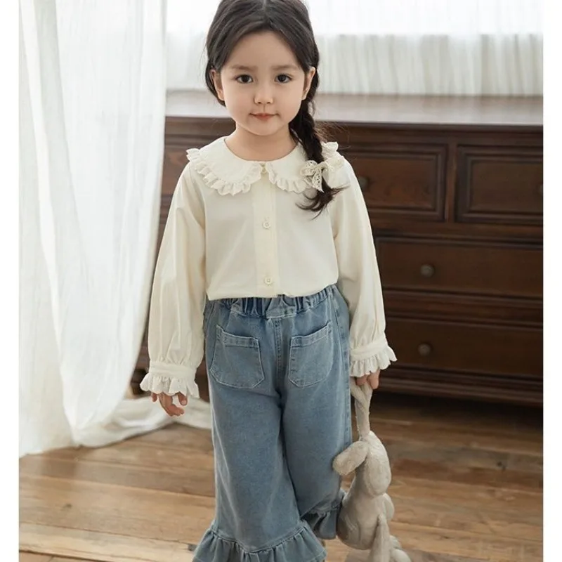 السراويل الفتيات ربيع الخريف بلون الجينز مع أرجل مستقيمة واسعة الساقين الدانتيل الساقين بناطيل كاجوال منتج جديد عصري 2025 #2