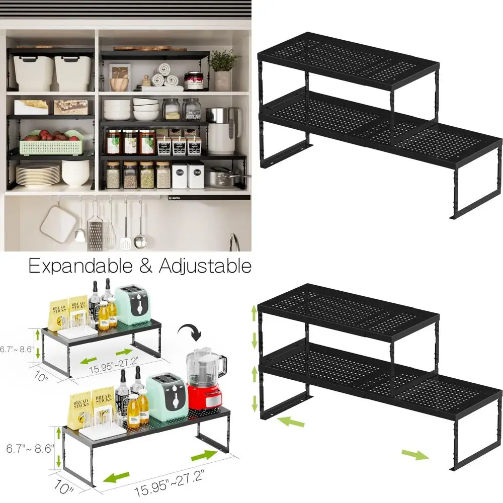 

Expandable Metal Wire Rack Organizer - Stackable Storage for Kitchen, Pantry, Bathroom, Cabinet & Office - Large, Black