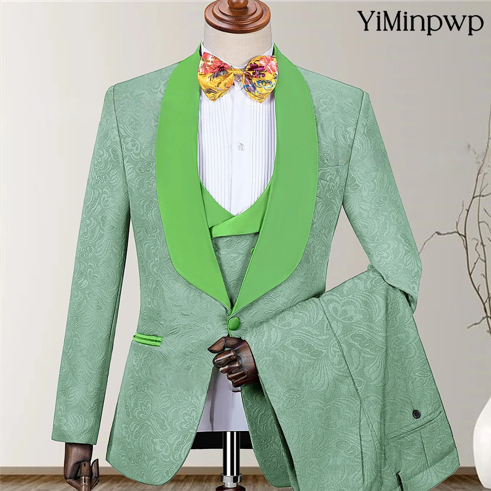 

YiMinpwp Light Green Men's Jacquard Wedding Prom Suits 3 Pieces Shawl Collar Ceremony Formal Wear Blazer Sets robe de mariage