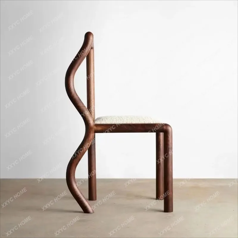 HH Black Walnut Solid Wood Retro Dining Chair  Lamb Wool Creative Makeup Chair  Model Room Backrest Chair