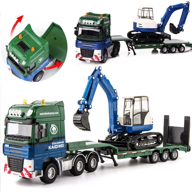 1:50 Construction Car  Low Loader With Excavator Model Diecast Truck Heavy Duty Inertia Flatbed Transporter Truck Kids Toy Gift