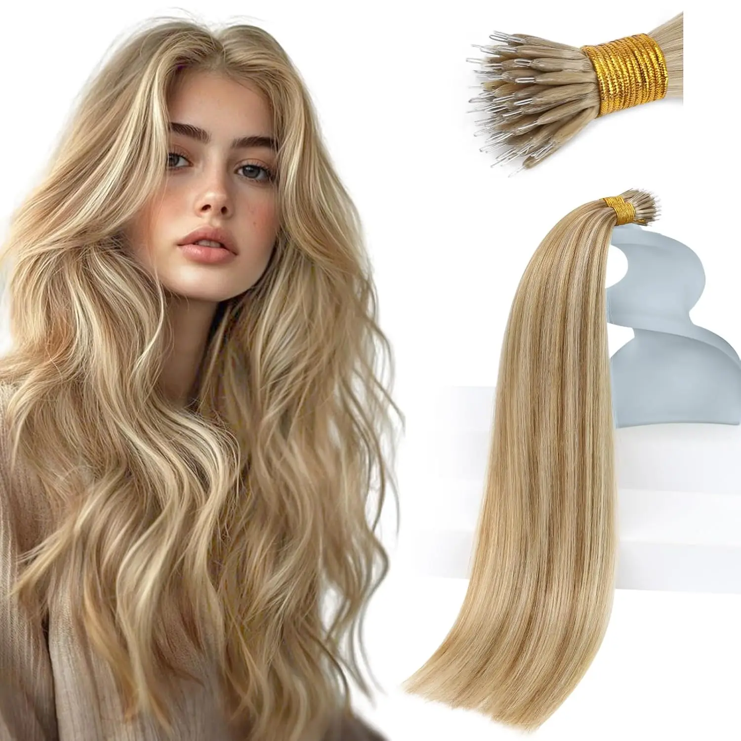 

VeSunnyNano Наращивание волос Человеческие волосы Блондинка Нано-кольцо Наращивание волос Светло-русый с платиновым нано-кончиком Наращивание волос