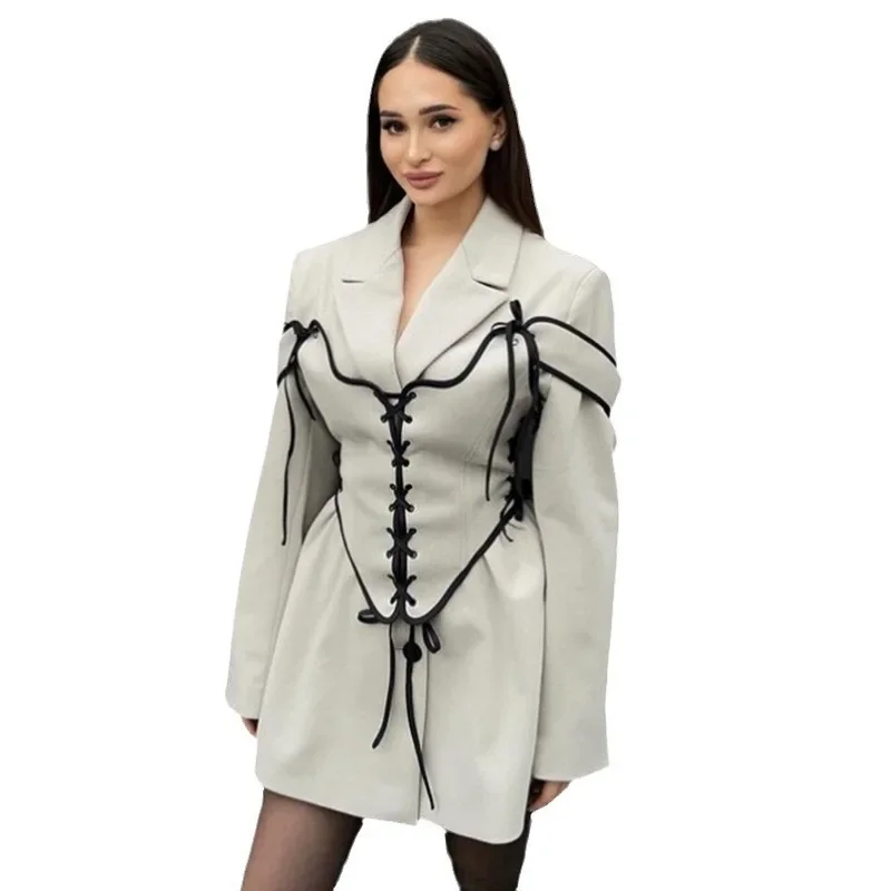 Two Piece Sets Dress Set Women Coats Dresses Mid Length Coat Notched Full Sleeve Corset Elegant Splice A Line Slim Fit Autumn