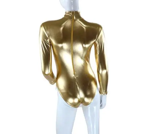 女性用光沢のあるメタリックゴールドキャットスーツバレエダンスウェア長袖ボディスーツ体操ジャンプスーツ