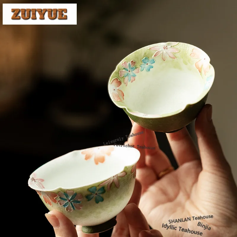 

100ml Green Hand-painted Flower Teacup Aesthetic Tea Bowl Tea Cup Set Tea-tasting Personal Cup Chazhan Master Cups Tea Items