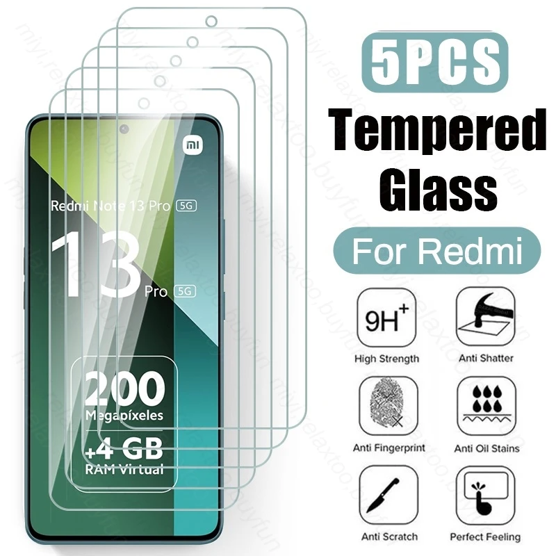 5Pcs 100% Original HD Tempered Glass For Redmi Note 13 Pro 5G Screen Protector Explosion-Proof HD Film On Redmy Note13 Pro 4G 5G