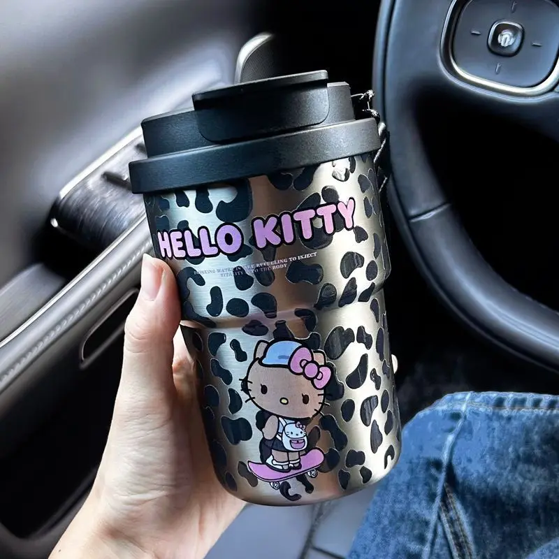 

Кофейная чашка Hello Kitty с двойным напитком и леопардовым узором, большая емкость, соломинка, 350 мл, изолированная кофейная чашка из нержавеющей стали для подруги