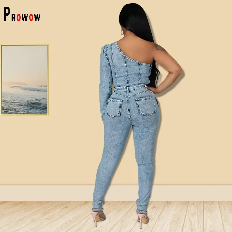 Prowow Women Jumpsuits Fashion One Sleeve Denim Overalls Rompers Blue Color Slim Fit Fashion Trend Female Streetwear