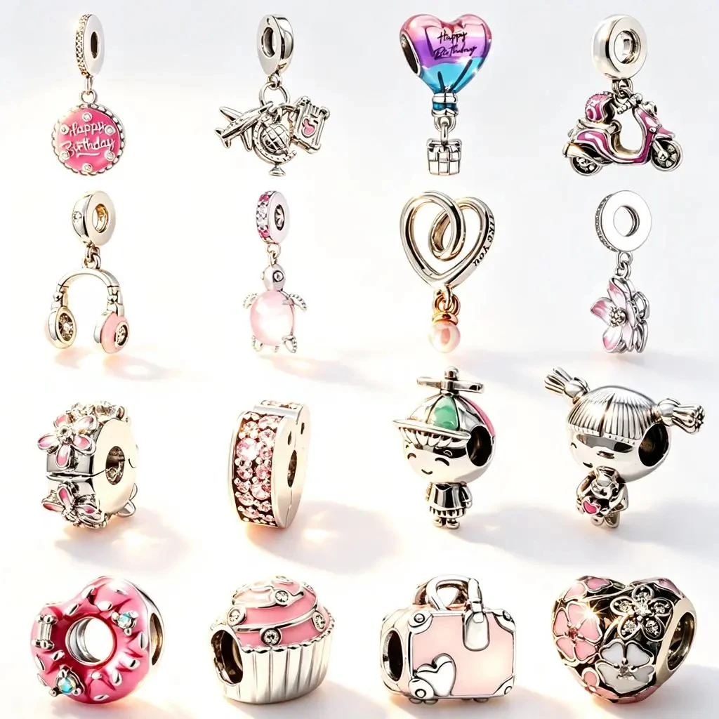 Hot Sale Pink Charms DIY Jewelry Gifts Little Girl & Boy Hot Air Balloon Sprinkled Donut Hearts Clip Beads Fit Original Bracelet