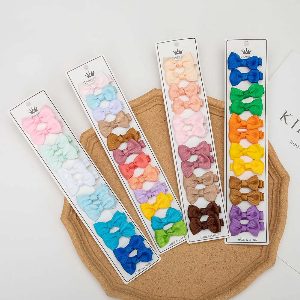 12 Stks/partij Effen Kleur Grosgrain Lint Strik Kids Haarclips Handgemaakte Strikjes Baby Meisjes Haarspelden Foto Rekwisieten Cadeau Set