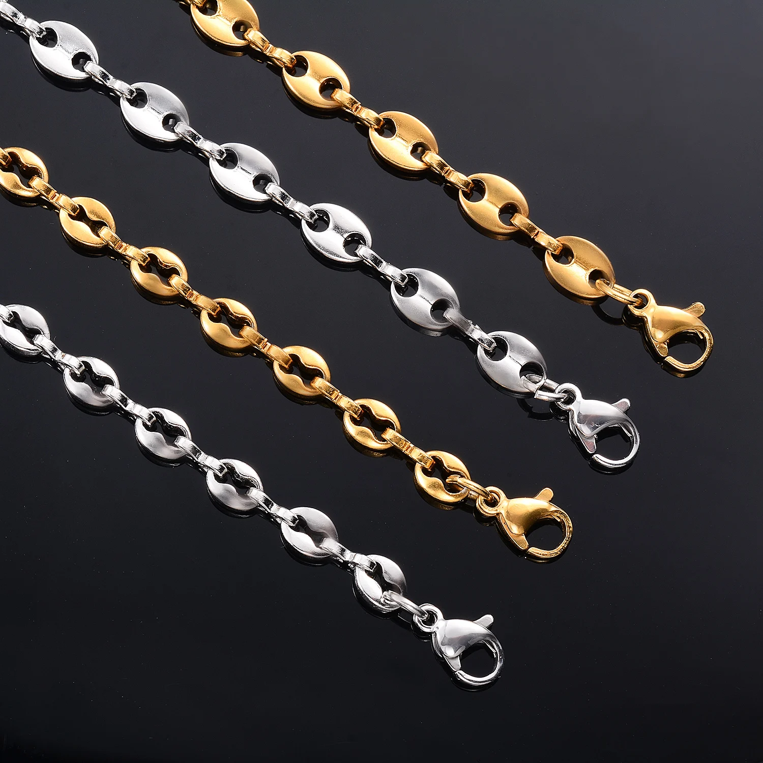 Trendige Schweinsnase-Halskette aus Edelstahl, Kaffeebohnen-Ketten, Unisex-Armbänder im klassischen Stil, Schmuck Großhandel – Detail 5