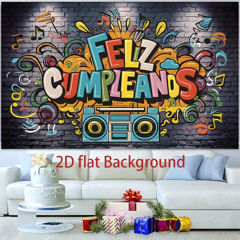 1-teiliges „Happy Birthday“-Banner – lebendige Graffiti-Kunst mit Musiknoten und Boombox-Design, strapazierfähiges Polyester