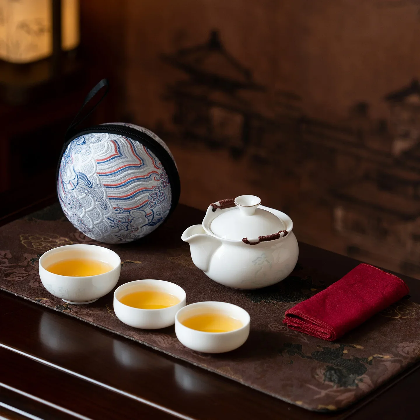 Ma Dao Chenggong Travel Tea Set Suet Fat Jade Porcelain One Pot Four Cups Portable Quick Cup White Chinese Gift Teapot Tea Cup